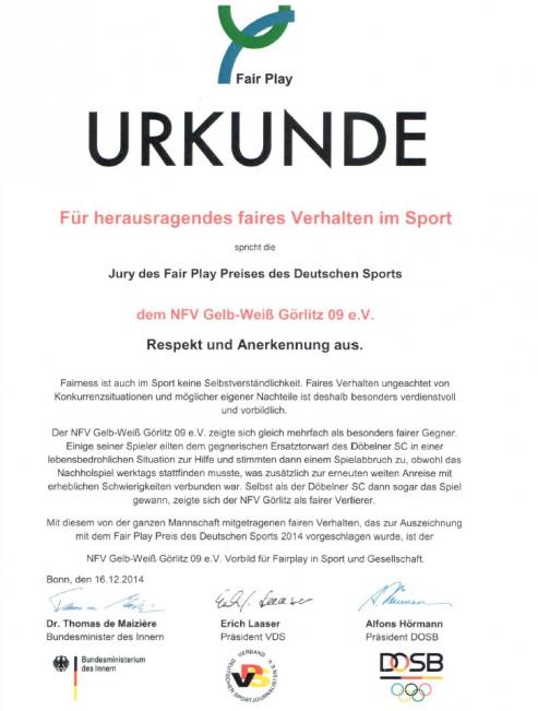 Bild zu NFV Gelb-Wei Grlitz 09 e.V. fr fair play ausgezeichnet